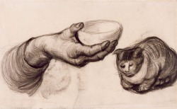 scotchtapeofficial: themysteryoftheunknownuniverse:  hannahlady:  art-nimals: Vincent Van Gogh, Hand with a Bowl, and a Cat, March - April 1885, chalk on paper, Van Gogh Museum, Amsterdam  Vincent, big fan, but WHAT is that CAT   