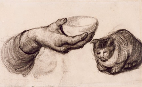 hannahlady:art-nimals:Vincent Van Gogh, Hand with a Bowl, and a Cat, March - April 1885, chalk on pa