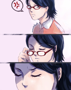 starrequiem: starrequiem:  "Stop spreading lies about me!"  So…I had a silly idea as to why Sarada wears glasses, thinking that maybe her Uchiha genes developed the Sharingan too prematurely, overcompensating for her bad eyesight (because she loved