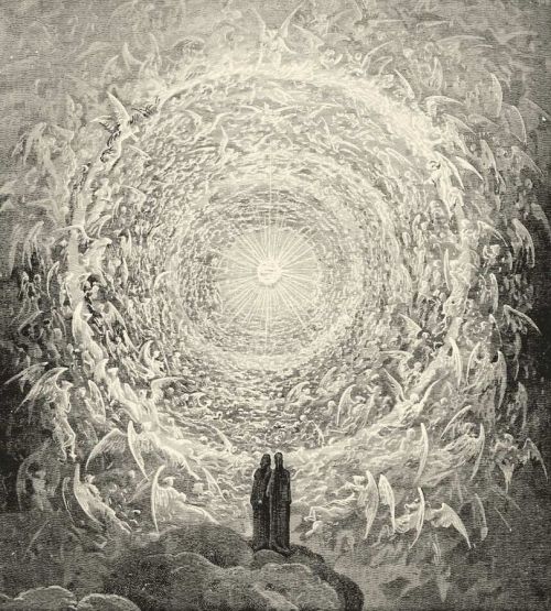 Dante and Beatrice gaze upon the highest Heaven; from Gustave Doré&rsquo;s illustrations 