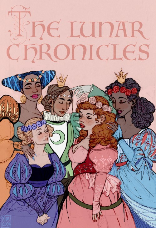 may12324:The Lunar Chronicles.Iko, Cinder, Cress, Scarlet and Winter. With Cinder in prince clothes 