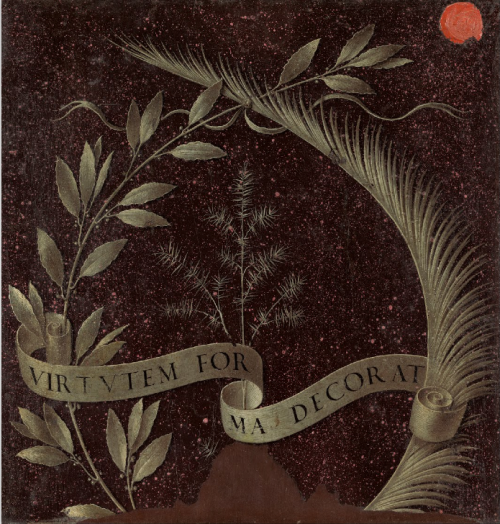 Leonardo da Vinci: Wreath of Laurel, Palm, and Juniper with a Scroll inscribed Virtutem Forum Decora