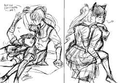 overachieversloth:  Preview sketch of this fuckaround I’ve been working on during the game today. I guess the idea was something along the lines of ladies just enjoying some time off between/after classes. The rest I leave to your own imagination. Also,