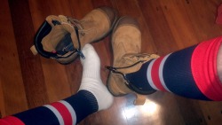 steelcapboots:  workbootsfootys:  Footy Socks &amp; Workboots. Woof!  Just one stain, still smell new. 