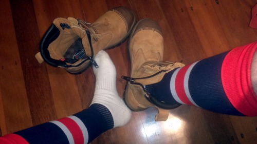 steelcapboots:  workbootsfootys:  Footy Socks & Workboots. Woof!  Just one stain, still smell new. 