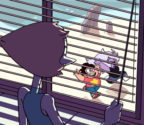 Pearl in shadows, watching Amethyst and Steven having fun out on the beach from a window.