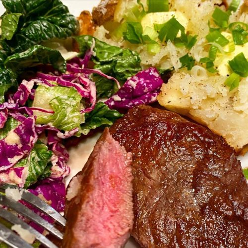 A nice classic #steak dinner: a fine piece of #ribeye (thanks, @primalsupplymeats!), a #BakedPotato 