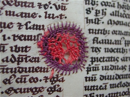 museum-of-artifacts:Parchment holes in manuscript repaired using embroidery circa 1417, currently in