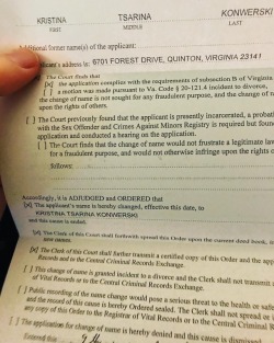 reincarnate00:  TransCend UPDATE: I am officially Kristina Tsarina Konwerski. #namechange #transisbeautiful  Sooooo&hellip; now that we all know your address&hellip; when&rsquo;s the party?  LMFAO!!