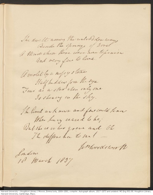 Wordsworth, William, 1770-1850. “She dwelt among the untrodden ways.” Autograph manuscri