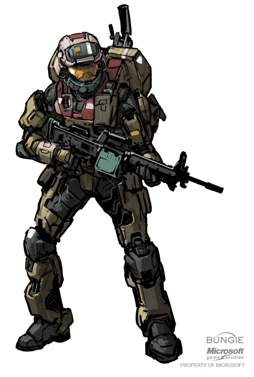 haloconceptart:Halo: Reach concept art for cut Noble Team members Rosenda and Thom.  By Isaac Hannaf