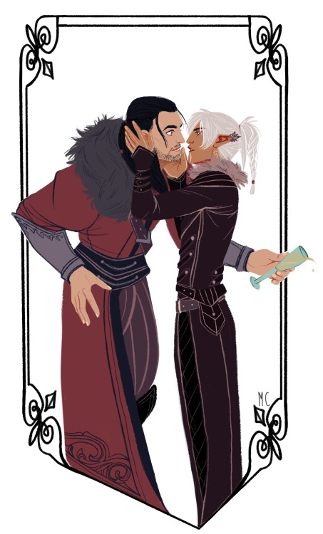 lingering-nomad:Fenris and the Champion of Kirkwall. They’re at a party and Fen needs to keep 