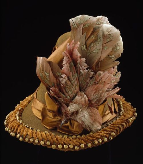 ephemeral-elegance: Chenille Trimmed Hat with Painted Bird, ca. 1885 Modes de Louvre via V&A