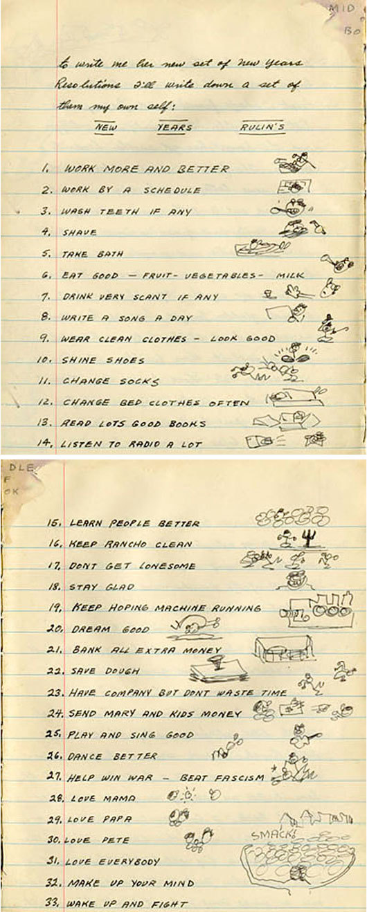 Woody Guthrie’s wonderful list of New Year’s resolutions for 1942
Sometime at the end of 1941, just as the United States was getting involved in WWII, the famed singer-songwriter Woodie Guthrie sat down and wrote a list of New Year’s resolutions...