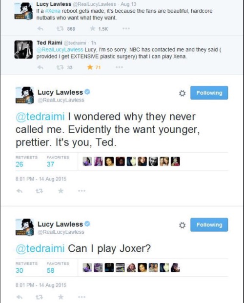 thisstorygoeson:Because I haven’t seen this on tumblr yet…LUCY AND TED RAIMI TALKING ABOUT THE REBOO