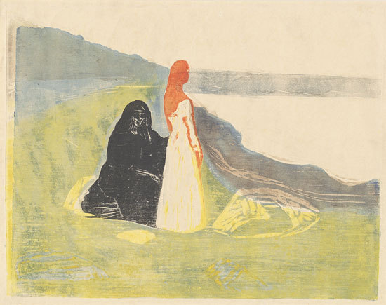 solarsisterss:  Two women on the shore (woodcut, 1898) Edvard Munch 