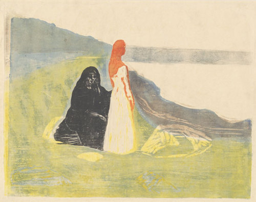 nobrashfestivity:Edvard Munch, Iterations of Two Women on the Shore,1898, Woodcut printed in colors.