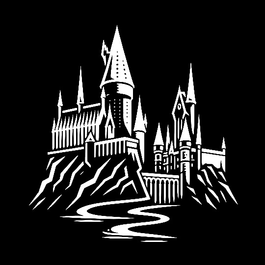 imagem do castelo de Hogwarts num fundo completamente preto e algumas estrelas no céu. Estilo ilustração digital