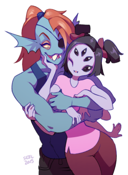 slbtumblng:  captain-hotstop:  groundlion:  A part of me felt compelled to draw Muffet and Undyne together… I know it’s not canon, I just really wanted to see this pairing!  （*´▽｀*）;; My other Undertale artwork:  Undyne &amp; Alphys (mostly