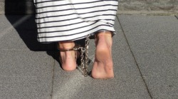 dreckigefuesse:  barefootinmate:  dreckigefuesse:  As requested the other day, me not wearing a skirt, but a dress. Barefoot und cuffed of course.  Good night  Mila carefully selected her attire on her first day out of prison as a free woman.  She chose