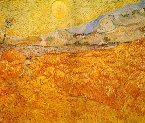 vincentvangogh-art:Wheat Field behind Saint Paul Hospital with a Reaper, 1889Vincent van Gogh