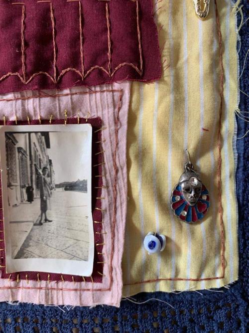 maldecorum:florence tapestry using old clothes, various trinkets, and vintage italian photos i found