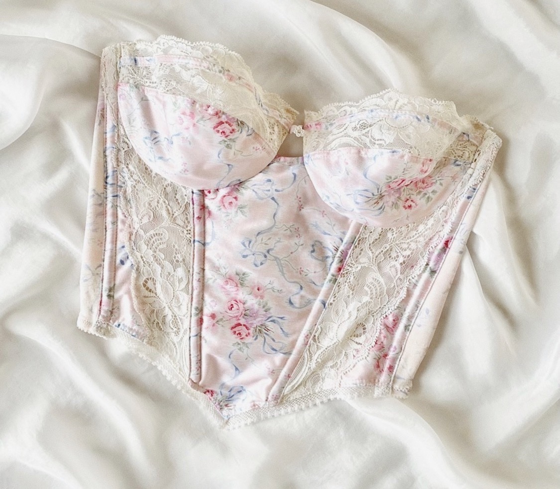 diordaydreamin:pink floral vintage christian dior satin bustier top circa 1980