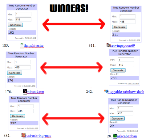 Congratulations to the winners! Here are the pairngs thatwhitestar X servingspoon69 missaulaan X huggable-rainbow-dash just-ask-big-mac X askcabanban Congrats again to the winners, and thank you all for entering. Im sorry that you couldn’t all win.