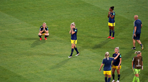 Players of Sweden look dejected after the match vs. Netherlands