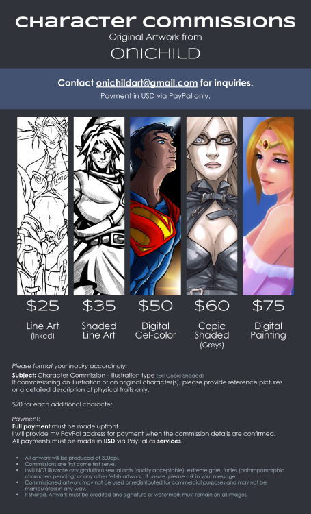 onichild-art:I am opening COMMISSIONS for CHARACTER ILLUSTRATIONS! Send an inquiry to onichildart@