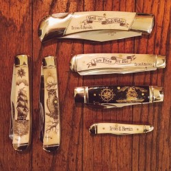 ironandresingarage:  New batch of hand scrimshawed knives just in time for Christmas. Available in The Garage. Online soon. Each knife is one of a kind and we always sell out, so grab ‘em before they’re gone. 