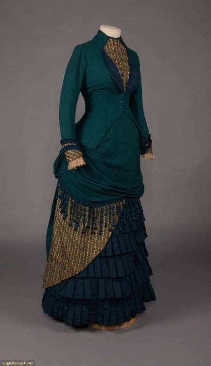 TEAL WOOL VISITING DRESS, c. 18802-pc teal wool & brocaded silk day dress with center front butt