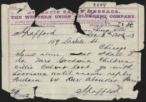 Anna Spafford’s telegram to her husband Horatio back in Chicago informing him that their four 