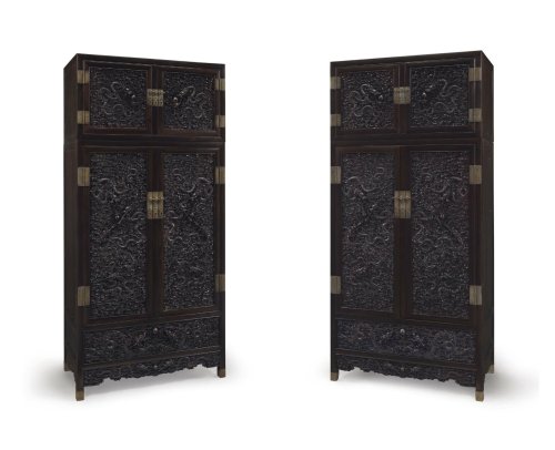 Pair of Zitan compound cabinets and hatchests, Sijiangui, 19th century, Each cabinet is of massive r