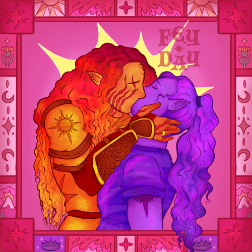 a hand drawn image of Ankarna and Cassandra from Dimension 20's Fantasy High: Junior Year. They are embracing, Ankarna holding Cassandra's face in a tender kiss. Ankarna has long red and yellow hair that resembles flames, and gold armor with sun motifs. Cassandra is purple toned with a starry ponytail and tie dye shirt, and 24 pointed star tattoo on her arm. they are shown against a monochromatic pink background, the frame of the image depicting icons related to them: stars, shattered gems, mountains, fire, crowns, and the sun. End ID.