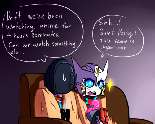 bluenovasart:  Well we all know Drift is a weeaboo. I drew Percy and Drift watching anime (and staying warm by sharing one big blanket)based on this cute fic: http://ratchet-the-whambulance.tumblr.com/post/102473546473/mtmte-drift-percy-fic-for-giveaway