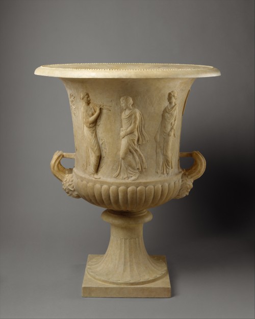 via-appia:Marble calyx-krater with reliefs of maidens and dancing maenads. Used in peristyle courtya