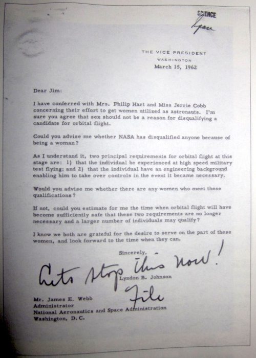 &ldquo;Stop this now!&rdquo; LBJ shoots down the idea of a female astronaut, 1962. (The 