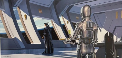 the first of two concept art stills by doug chiang. this shows obi wan alone on a trade federation ship, staring out the window in an all black outfit with boots, shoulder pads, and a cape. his black hair is up in a single ponytail.