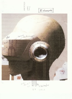 ughpsh:  Daft Punk’s Original Helmet Sculptures From Brian Cox, SFX designer:  A couple of interesting things in these original design notes: First, on Thomas’ helmet, you can see there were supposed to be a small set of “UV” meter LEDs on the