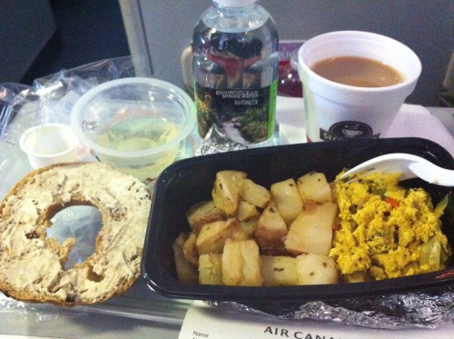 Isn’t airplane food disgusting? The vegetarian option always turns out to be vegan. This was dry tofu scramble with nasty potatoes. I managed to eat it all but it was not pleasant. On the side was a tough, chewy raisin bagel and a pot of fruit salad...