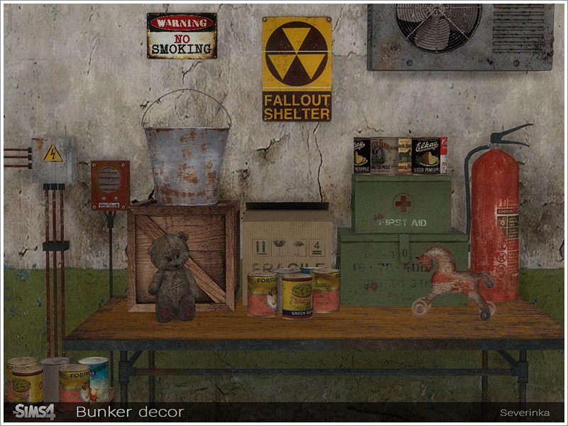 Bunker decor by Severinka Created for: The Sims 4
A set of decor for the design of the bunker in the style of post-apocalypse.
The set includes 12 objects:
- fire extinguisher
- metal bucket
- wooden box v01
- wooden box v02
- paper box
- metall box...