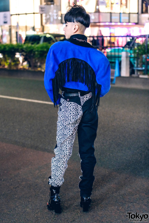 17-year-old Japanese student Billimayu on the street in Harajuku wearing a fringe jacket from RRR Vi