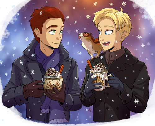 Alek, Deryn and Bovril enjoying the snowfall while having a cup of hot chocolate.Merry Christmas y’a