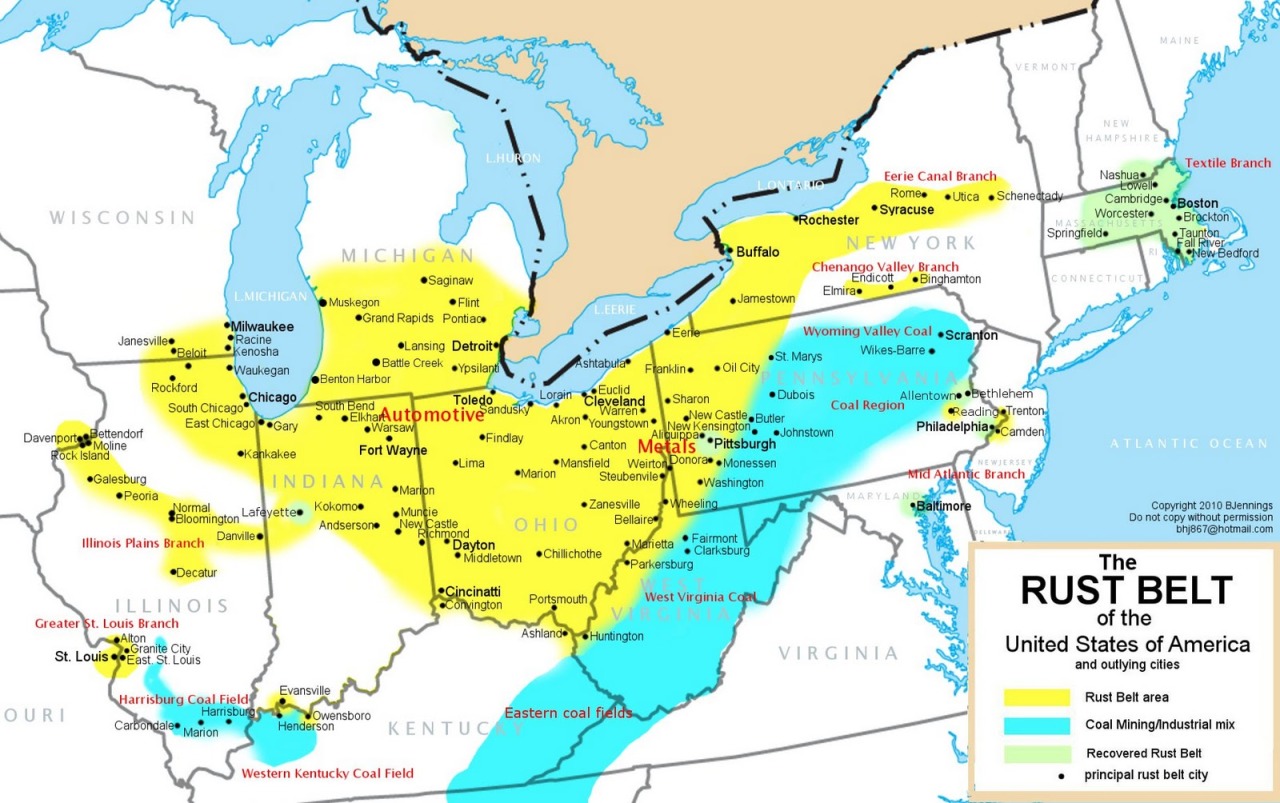 Rust Belt of the USA, region of heavy industry and steel production.