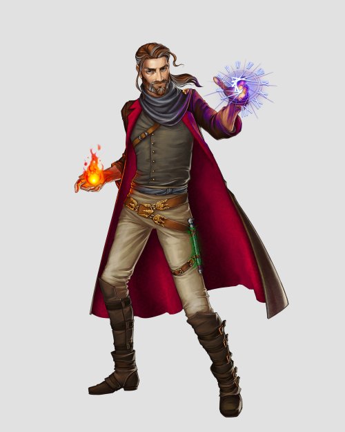Caleb Widogast in a long coat with a bright red interior. He holds a magical flame in one hand and a time-themed magic in the other.