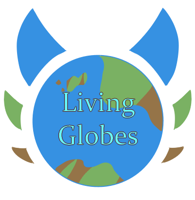 a large badge of a globe with the head spikes of a Snapper in green, brown, and blue, reading 'Living Globes'