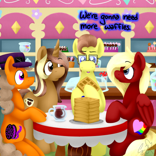 asklovelylaughter:  And syrup. Definitely more syrup. Featuring ask-marshmallow-twirl again c:   Waffles!