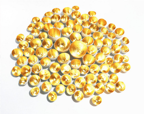bigredandshiny:  Work by Katherine Vetne, our current Inside/Out artist-in-residence [continued at Big Red & Shiny…] A Space for the thing I am givenPlaster casts of latex glove fingertips; gold leaf | 6” x 6” | Stage I (January, 2012)Image