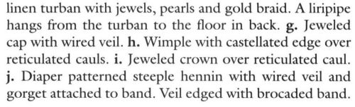 cuirassier:15th century women’s headdress, from “Medieval fashions” by Tom Tierney